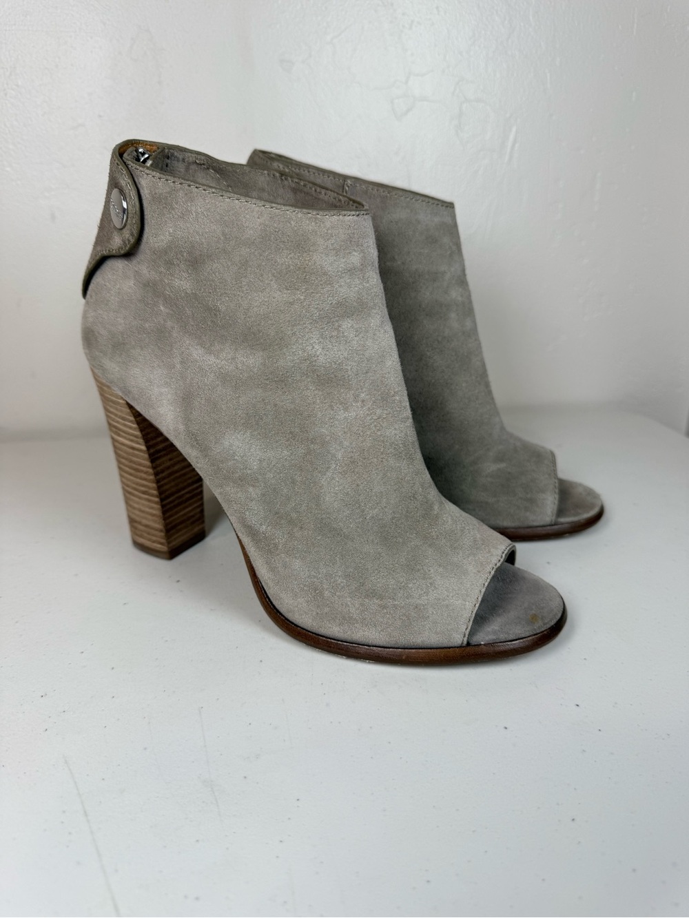 Coach "Labelle" peep-toe booties feature grey rough-out suede size 8.5